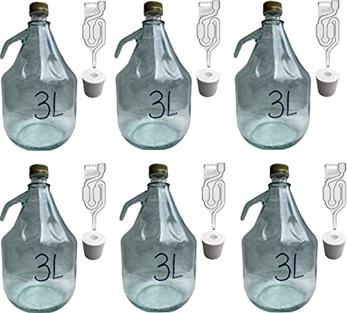 lilawelt24 6X 3L Flasche mit Schraubverschluß + Stopfen + Gärröhrchen GLASBALLON Weinballon GÄRBALLON GLASFLASCHE Flasche Gallone Leere Glasflasche zum Befüllen