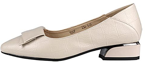 Jamron Womens Pointed Toe Block Heel Checkered Leather Pumps Shoes Soft Sole Ballerinas Beige SN602C046 UK6