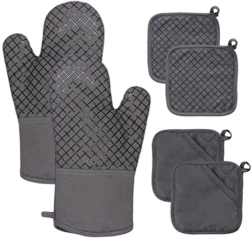 4 guanti da forno e presine, resistenti al calore fino a 260 °C, guanti da forno con presine, guanti da forno lunghi con imbottitura in cotone riciclato e superficie antiscivolo in silicone per