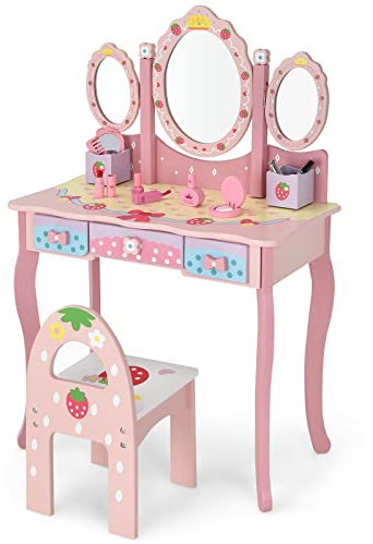 COSTWAY Coiffeuse pour Enfants de 3+ Ans, Ensemble Coiffeuse et Chaise avec Miroir Pliable à Trois Volets, 3 Tiroirs et 2 Boîte de Rangement, 70 x 34 x 105 cm, Rose…