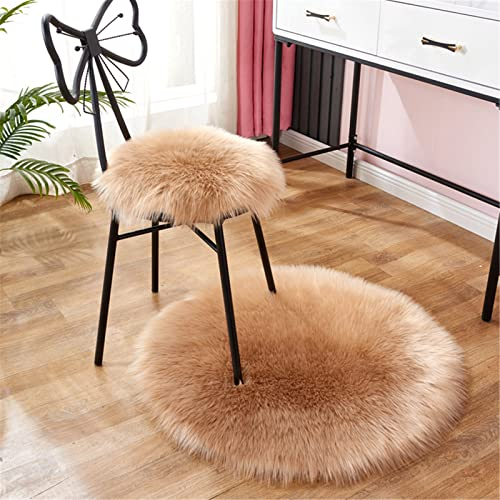 SWECOMZE Rund Faux Lammfell Sitzkissen, Schaffell Sitzauflage Longhair Fell Optik Nachahmung Wolle Sofa Matte Teppich (Khaki,50 * 50cm)