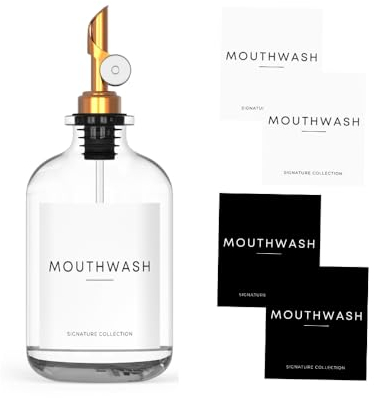 WASHEE Mundspülspender für Badezimmer – Glas-Mundspülbehälter (360 ml) mit beschwertem Ausgießer und 4 Mundspülflaschen-Etiketten, perfekt für Badezimmer-Organisation und Bauernhaus-Dekoration