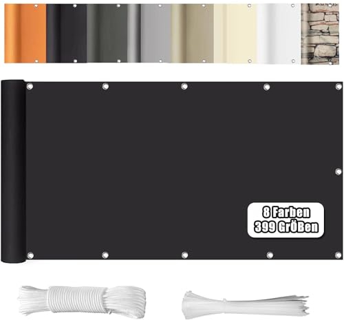 WEALSFUN Balkon Sichtschutz 90X500CM Balkonabdeckung (390Größen & 8 Farben) Balkonverkleidung Ohne Bohren blickdichte Wind UV-Schutz mit Ösen Kabelbinder Kordel, Schwarz