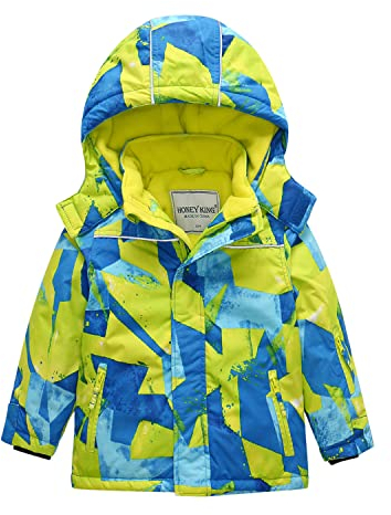 Jungen Wasserdichte Skijacke mit Kapuze Winddichte Fleece Schneejacke Kinder Outdoor Bergsteigen Trekking Regenjacke Ski Winterjacke Schnee Snowboard Wintersport Softshell Warm Mäntel Gelb Blau 122