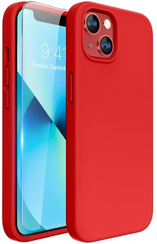 Miracase Designed for iPhone 13 Case with Screen Protector, [Soft Anti-Scratch Microfiber Lining], Shockproof Liquid Silicone Rubber Phone Case Cover for 13 6.1 inch(Red)