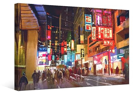 Wanddekoration für Wohnzimmer, Nacht, Stadtbild, Leinwand-Kunst, Poster und Drucke, Cyberpunk-Stil, Heimdekoration, Holzrahmen, Galerieverpackung, fertig zum Aufhängen, 30,5 x 40,6 cm, 1 Stück