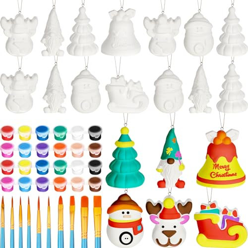 Syhood 20 Pcs 3D Ready to Paint Ceramic Christmas Ornaments DIY Ceramic Painting Your Own Ceramic Plaster Craft Kit with 4 Acrylic Paints 10 Brushes for Adults Decorate Painting Figurines, 6 Styles