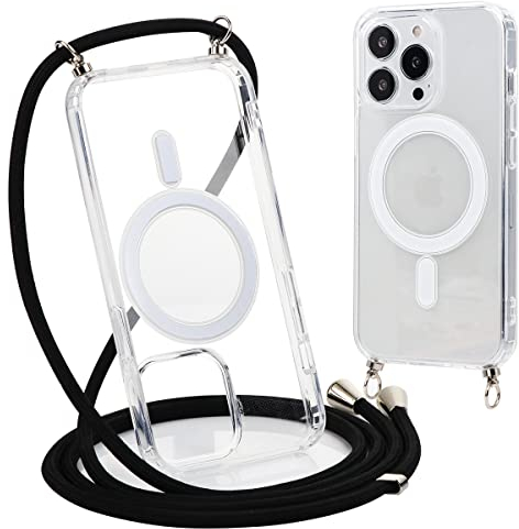 Yoedge Magnétique Collier Coque pour iPhone 15 Pro Max avec Cordon 6,7, [Compatible avec MagSafe] Transparent Réglable Lanyard Necklace Case, Ultra Mince Souple Silicone TPU Antichoc Housse, Noir