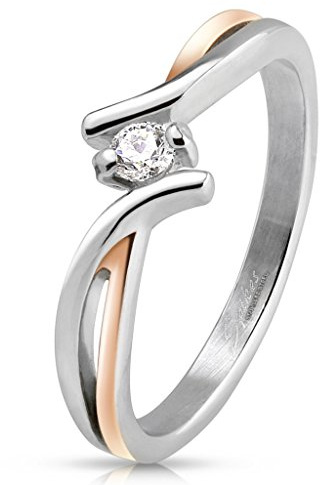 Bungsa® Damen Ring zweifarbig mit Zirkonia-Kristall aus 316L Edelstahl