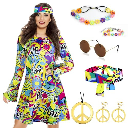 Grantop 8PCS 70er Jahre Bekleidung Damen Kleid Set, 60er Jahre Kostüm Damen, Hippie Kleidung Damen Kostüm, 60er 70er Jahre Kostüm Damen FaschingsKostüm kleid Karneval Cosplay Party