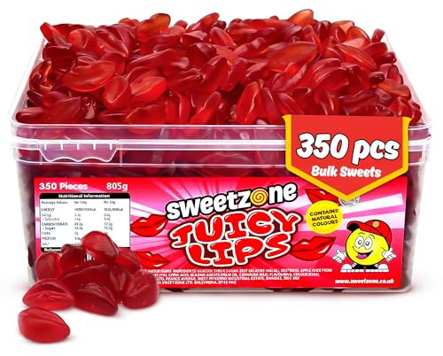 Sweetzone Juicy Lips Halal Sweets Tub - Classic Retro Jelly Candy, Chewy Wine Gums in a Bulk Sweets Tub, 805g, 350 Pcs, Perfect Sweet Box for Halloween Candy, Parties & Sharing, Ideal for Sweer Lovers