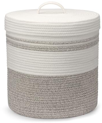 Goodheim Cesta de lavandería con tapa, cesta tejida para ropa sucia, manta y cesta de almacenamiento de juguetes para sala de estar, dormitorio, baño, guardería (marrón y blanco, 40 L)