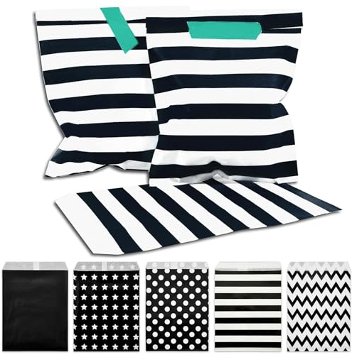 Frau WUNDERVoll® 25 Papiertüten schwarz weiße Streifen, 13 x 16,5 cm, 45 Gramm Papier, flach/Candy Bar, Hochzeit, Kindergeburtstag, Papiertütchen, Candybag, Tüten, Mitgebseltüten
