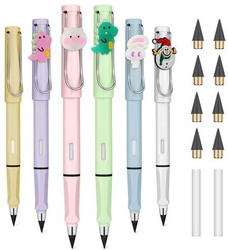 OFFCUP Ewiger Bleistift Metall, 6 Stück Tintenlose Bleistifte Ewig, Unendlicher Bleistift mit Radiergummi, Magischer Bleistifte mit Wechselkopf Magic Pencil Infinity für Erwachsene Studenten-Karikatur