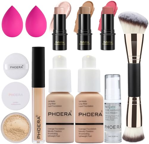 PHOERA Foundation, 3 PCS Contour Makeup Kit, Shades With Highlighter, Blush and Bronzer for Sculpting Cheeks (102+103+ Fair-Light Contour/Nude + Warm Peach+#03,#09,#12)