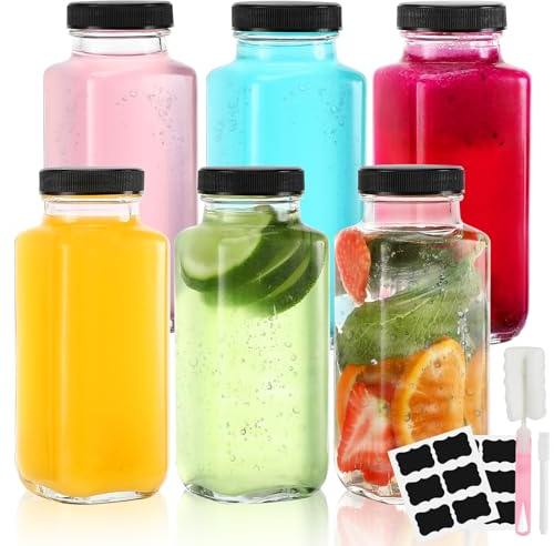 Rubessia 500 ml Glasflaschen zum Befüllen mit Deckel, 6 Stück Saftflaschen mit Schraubverschluss, mit Deckel und Etiketten, verwendbar als Milchflaschen, Smoothie-Flaschen, Getränkeflaschen, Ingwer