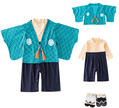 YOOCHUENG Body Neonato Tuta Kimono con Pagliaccetto Manica Lunga Kimono Giapponese per Neonati Cotone per Bambini Salopette per Bambini con 2 Paia di Calzini,Lago Blu,90(Adatto a 18-24M)
