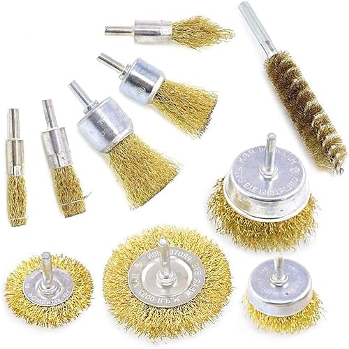Aongray 10-teilige Bohrdrahtbürste, Messingbeschichtete Drahtbürsten, Topfbürste und Rohrbürsten-Set zum Reinigen von Rost, Entfernen von Farbe und Reinigen von Holz (Gold)