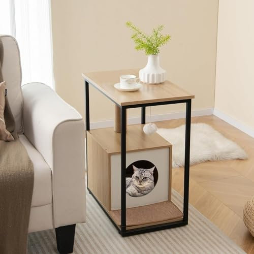 GYMAX Cat House Side Table, Cat Condo End Table with Detachable Plush Mat, Scratching Post & Mat, Dangling Ball & Anti-Tipping Kits, Modern Cat Furniture for Living Room (Natural, 60x36x66cm)