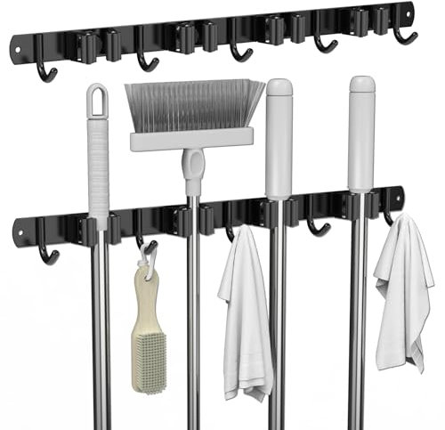 3-H Colgador Escobas y Fregonas 43cm, Soporte Escobas Pared 304 Acero Inoxidable 20KG Carga Cuelga Escobas Pared Autoadhesiva o Perforada para Cocina, Baño, Garaje, Jardín (4 Posiciones y 5 Ganchos)