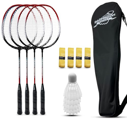 Magicorange Badmintonschläger 4er Set für Outdoor-Hinterhofspiele, einschließlich 4 Schläger, 4 Federbälle, 4 Ersatz-Griffbänder und 1 Tragetasche (Rot)