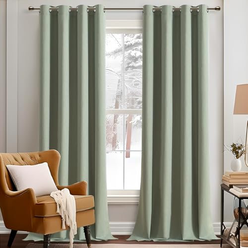 MRTREES 100% Abdunkelnde Vorhänge Salbeigrün Gardine Blickdicht Leinenoptik 2er Set, Thermogardine Vorhang mit Ösen für Schlafzimmer Wohnzimmer, Verdunklungsvorhänge 245 cm Lang, 132 cm Breit