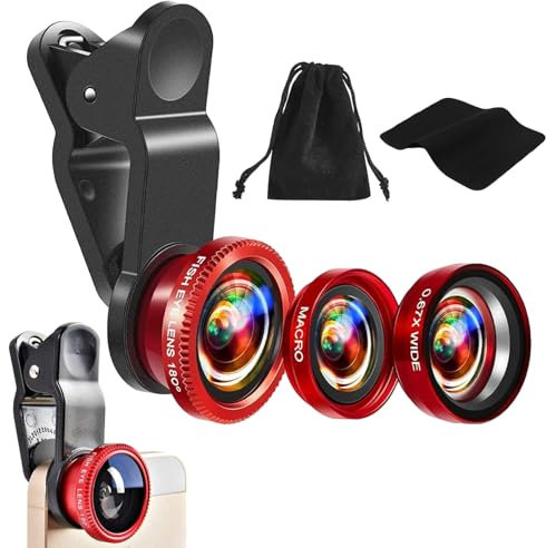 Guegine Phone Camera Lens, 3 in 1 Phone Camera Lens Kit, Universal Fish Eye Lens + Wide-Angle Lens + Macro Clip Camera Phone Camera Lens Kit for Smartphone
