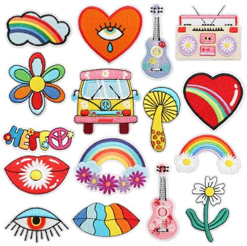 Qpout 16 Stück Psychedelische Hippie Aufbügelnde Patches bunte trippige Vintage bestickte Reparatur dekorative Patches Kit zum Aufnähen von Kleidung Rucksack Jacken Jeans Hüte Hemd DIY Handwerk