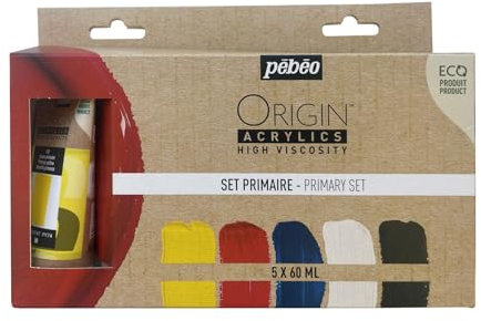 PEBEO 5x60 ML Origin Acrylics-Set Primaire, Jaune, Rouge, Cyan, Blanc, Noir