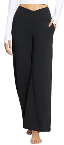 baleaf Weite Hose Damen Yogahose mit Taschen Stoffhose Hohe Taille Jogginghose Straighthose Bauchkontrolle Schlaghose Sporthose Schwarz XL