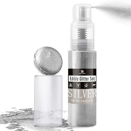Essbarer Glitzer Spray - 22g Essbarer Glitzerstaub für Torten, Getränke & Süßigkeiten - Metallisch Lebensmittelfarbe Pulver zum Dekorieren Kuchen, Keksen - Lebensmitteleglitzer für Torten (Silber)