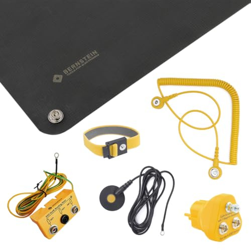 BERNSTEIN ESD Handling Set 6-teilig Schwarz: Antistatik Matte mit Erdungsarmband & Kabel, Erdungsmatte für Elektronik Schutz | ESD Matte IEC 61340-5-1