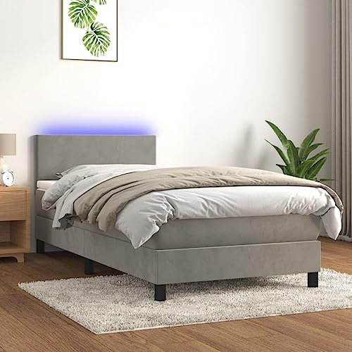 Cozynest Polsterbett Bett Einzelbett Bettrahmen Bettgestell Lattenrost Hotelbett Schlafzimmerbett Boxspringbett mit Matratze & LED Hellgrau 90x200 cm Samt