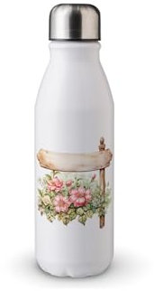 MAXIKIWI Borraccia a parete singola con tappo a vite, in alluminio leggero non isolato, senza BPA, a prova di perdite, con bordo in legno floreale vintage, 500 ml