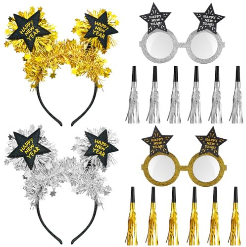 PPGGOPP Silvester Deko 2025, Silvester Haarreif, Happy New Year Haarreifen, Silvester Partytröten Tröten, Silvester Partyzubehör Haarreifen, ilvester Kopfschmuck, für Deko Silvester Party 2025