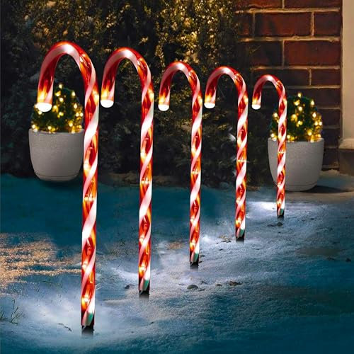 ADEPTNA Christmas Candy Cane LED Lights with Timer - Battery Powered Xmas Pathway & Driveway Decorations, Outdoor Holiday Garden & Patio Lights for Festive Decor (5 PK Warm White)
