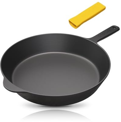 COOKLIFE Padella in ghisa liscia da 30,5 cm con spatola in legno, lavabile in lavastoviglie e in forno, padella in ghisa pre-stagionata per uso interno ed esterno, nero scuro