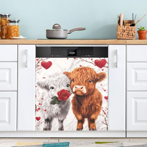 Kigai Highland Cow Valentine Geschirrspüler-Magnetabdeckung, dekorativer magnetischer Geschirrspüler, Haustürabdeckung, Aufkleber, zuschneidbarer Magnetaufkleber für Küchengeräte, Dekoration, 58,4 x