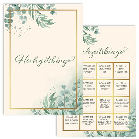 colortouch 50 St Hochzeitsbingo Karten in DIN-A6 mit 18 lustigen Fragen, Hochzeitsspiele für Das Brautpaar Hochzeitsquiz, Witziges Hochzeitsspiel für Gäste zum Kennenlernen, Hochzeitsdekoration