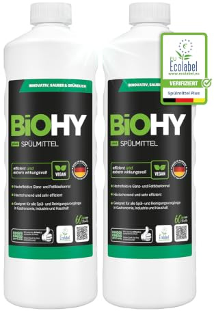 BiOHY Liquide vaisselle Plus (2 x 1 litre) - Concentré liquide bio pour vaisselle avec Ecolabel UE - Dégraissant extra puissant - Idéal pour distributeur de liquide vaisselle - Respectueux de
