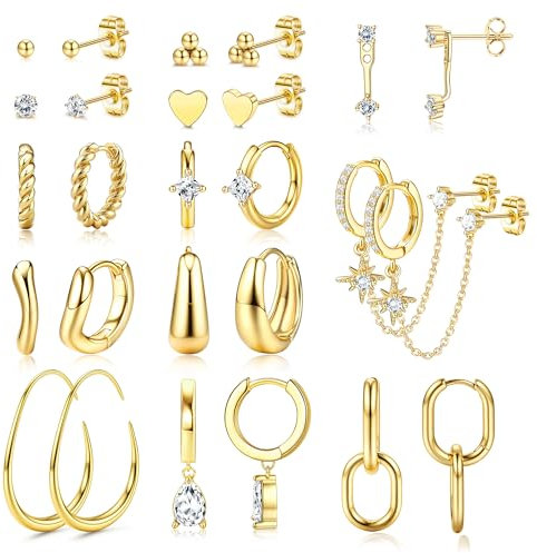 FIOROYAL 13 Paar Ohrringe Gold Set Damen Ohrringe Creolen Gold/Silber Ohrstecker Hypoallergen 14K Vergoldetes Huggie Ohrringe Stacks Set Ohrringe Gold Wasserfest Mehrfache Piercing Ohr G