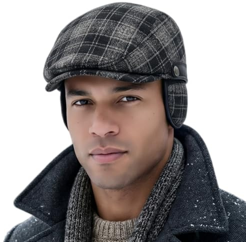 HIQIU Verstellbare Schiebermütze Herren Winter Warme Barett Cap - Flatcap Herren Schirmmütze Winter Newsboy Cap mit Versteckte Ohrenklappen