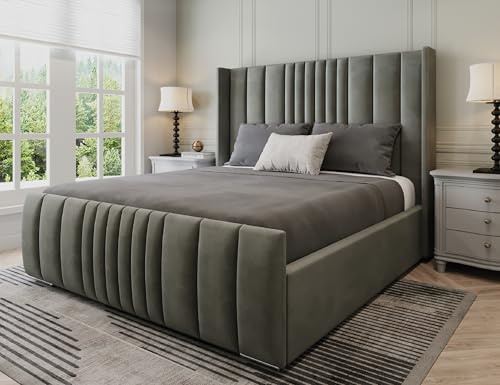 Furnishion Manhattan Double Bed with Mattress 4ft6, Modern Plush Velvet Upholstered Panelled Design, Luxury Double Bed and Mattress Included, Beds Frame with Mattresses for Bedroom in Grey Plush