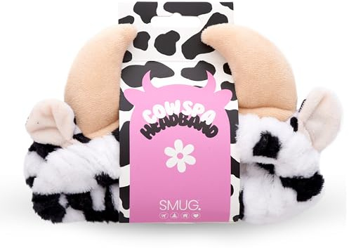 SMUG Novelty Spa Headband | Soft Coral Fleece Makeup Headband for Face Wash, Skincare, Beauty & Shower | Cute Elastic Hair Band for Women & Girls | Cow