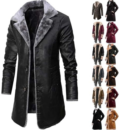 Generico Giubbotto Lungo Uomo Invernale in Pelle Giacca con Colletto on Pelliccia Cappotto da Lavoro in Pile Elegante Trench Cardigan Vintage Antivento per Carnevale Costume