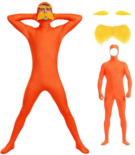 Atsmoce Lorax Kostüm Herren Damen, Greenscreen Anzug Suit Orange, Slenderman Kostüm mit Bart und Augenbrauen, für Karneval Cosplay Halloween (XXL)