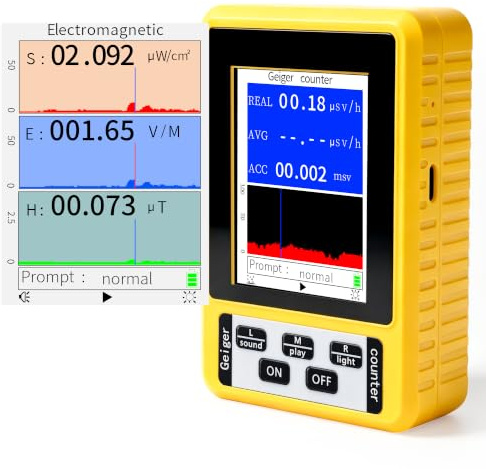 4-in-1 Geigerzähler & EMF Messgerät Strahlungsdetektor für Nuklear Radioaktivität (Gamma Beta Röntgen) & elektromagnetische Felder (EF/MF/RF) mit Alarm & LCD-Display für Zuhause Outdoor Industrie