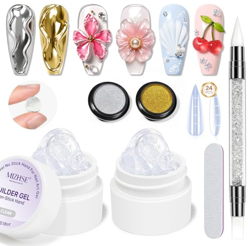 MIZHSE 3D Nail Gel Clear Sculpting Gel Set for Metallic Floral 3D Nails | Hard Builder Gels, Gold & Silver Chrome Powder, Non-Sticky, Nail Art Carving & Moulding