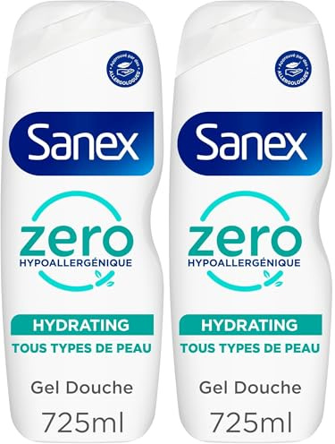 SANEX - Gel Douche Zero% hypoallergénique - Tous types de peau - Hydratant - Pour toutes la famille - Corps, visage & cheveux - 725ml (Lot de 2)