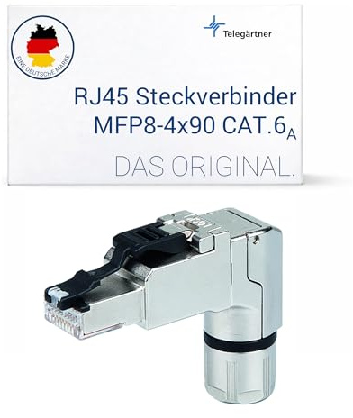 Telegärtner Modularer RJ45-Steckverbinder für 10 Gbit Ethernet, 90° gewinkelt geschirmt, T568B, geeignet für Power Over Ethernet, IP20